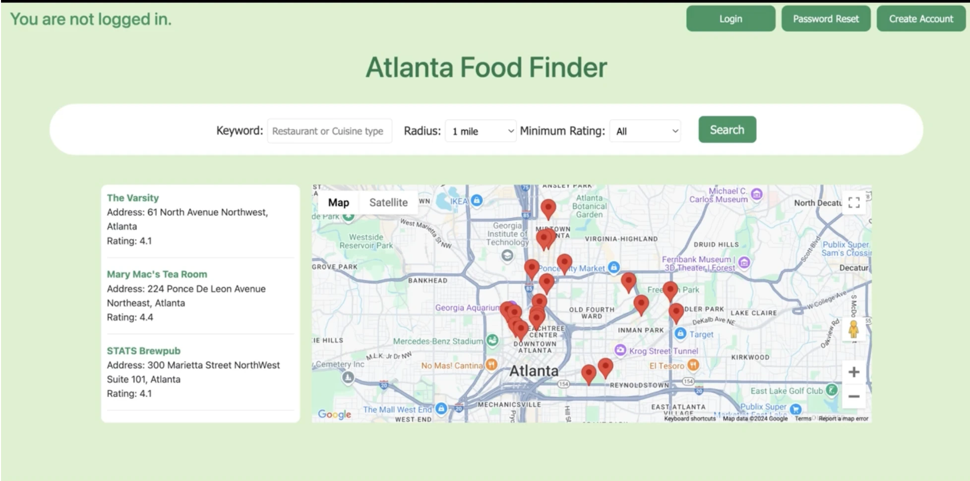 Atlanta Dining Explorer Google Maps API project